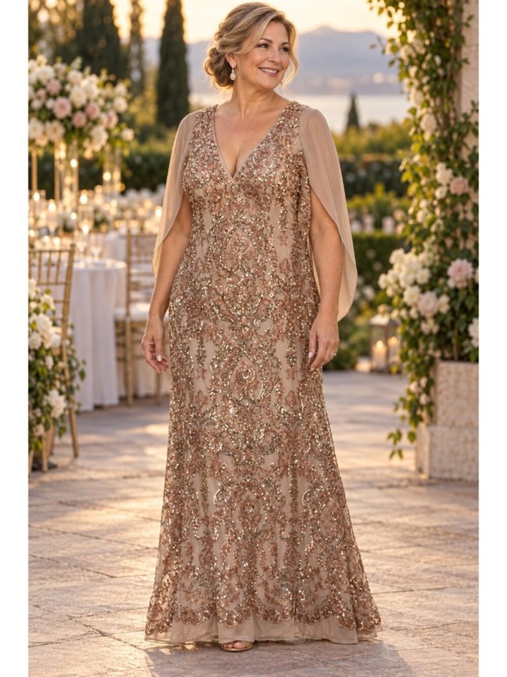 R&M Richards Size 16 Rose Gold Sequin Cape Gown Mother of Bride Formal Dress